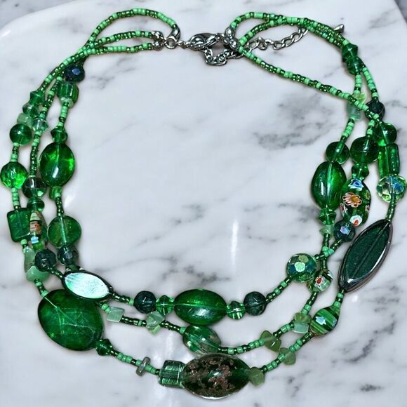 Handmade Triple Strand Glass Beaded Green Necklace with millefiori Beads 16” - Picture 1 of 5